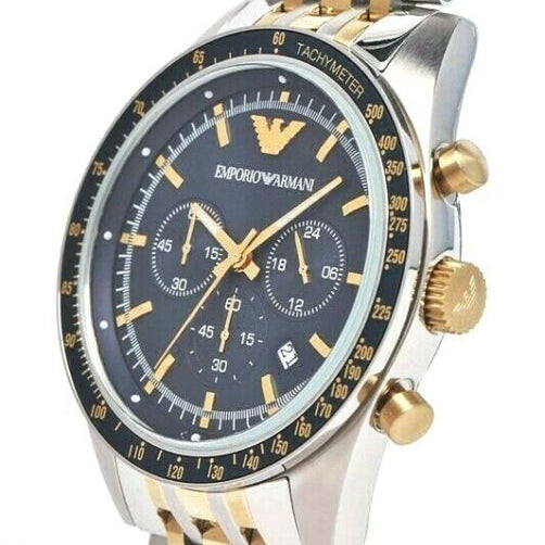 Emporio Armani AR8030 Tazio Chronograph Blue Dial Gold Silver Stainless Steel Strap Mens Watch