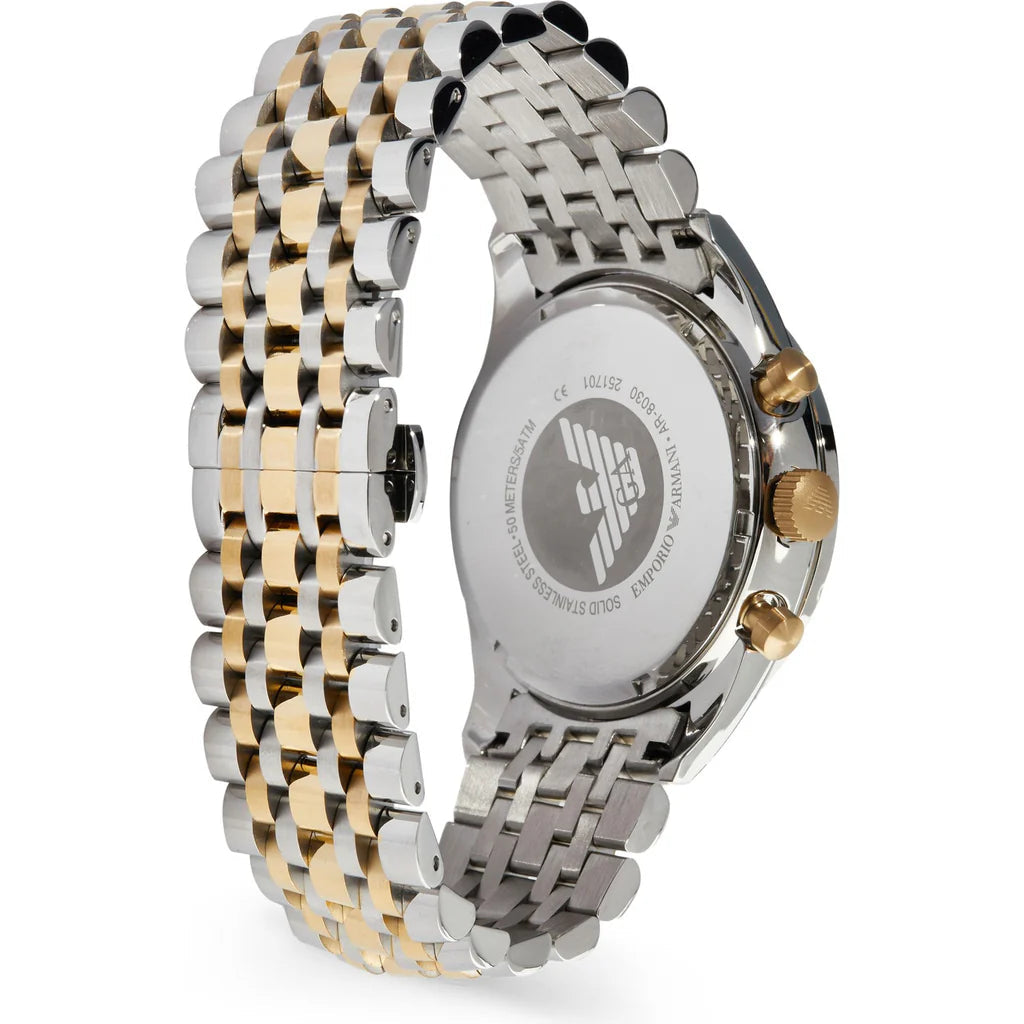 Emporio Armani AR8030 Tazio Chronograph Blue Dial Gold Silver Stainless Steel Strap Mens Watch