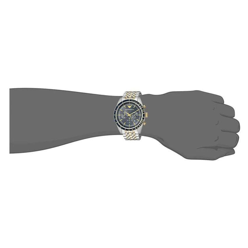 Emporio Armani AR8030 Tazio Chronograph Blue Dial Gold Silver Stainless Steel Strap Mens Watch