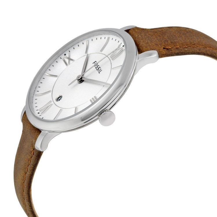 Fossil ES3708 Jacqueline Silver Dial Tan Leather Strap Women's Watch
