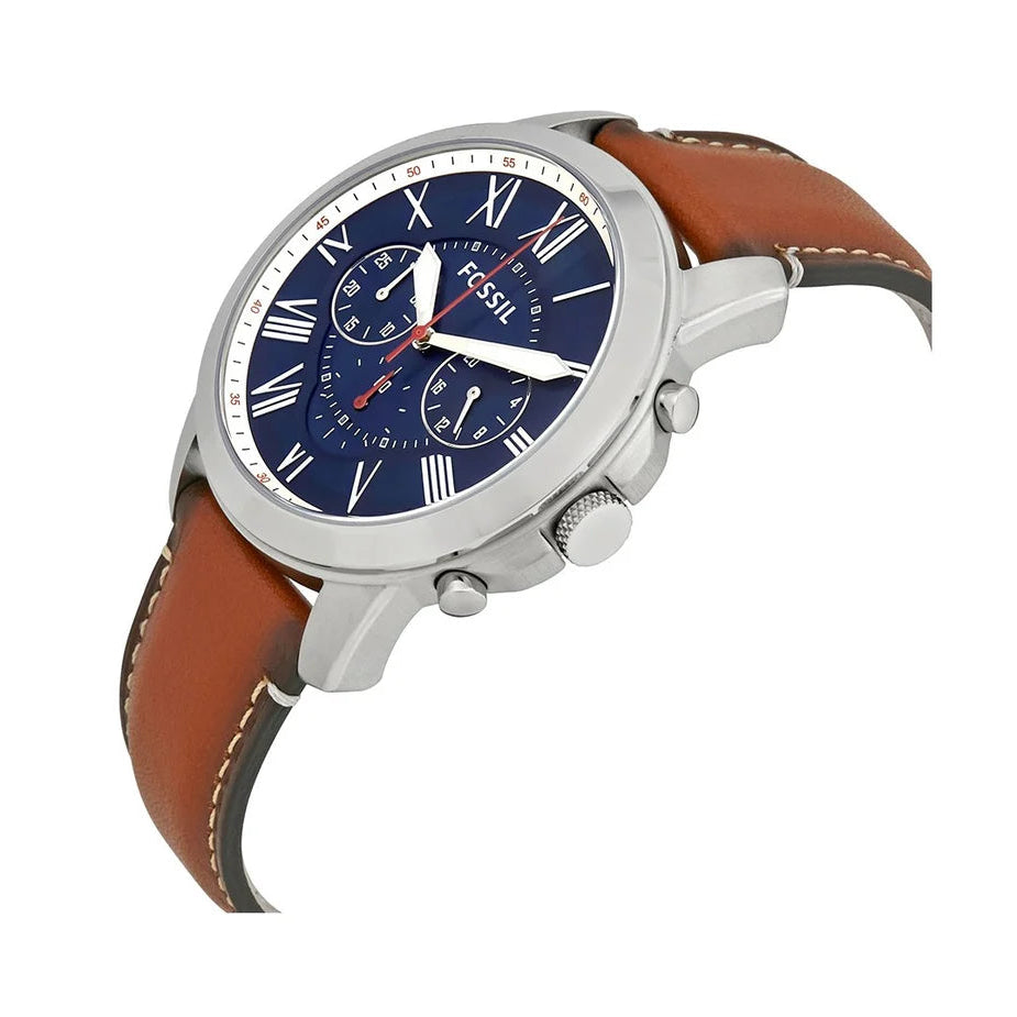 Fossil FS5210 Grant Chronograph Blue Roman Dial Brown Leather Strap Men's Watch