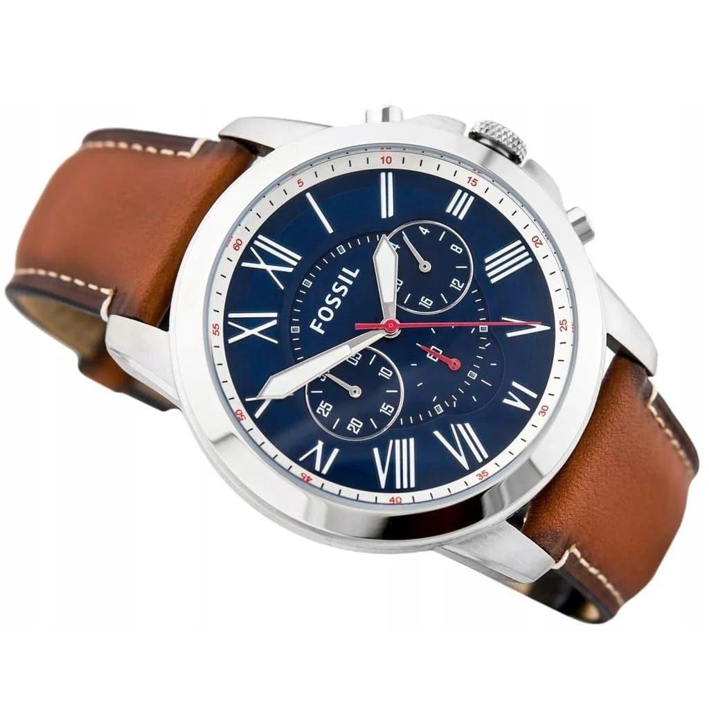 Fossil FS5210 Grant Chronograph Blue Roman Dial Brown Leather Strap Men's Watch