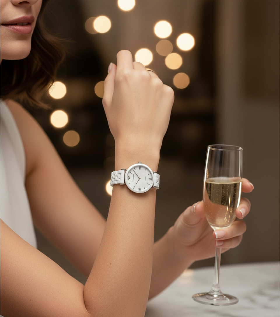 Woman in a white dress wearing a white ceramic wristwatch, holding a champagne flute at an evening event with soft golden bokeh lights in the background.