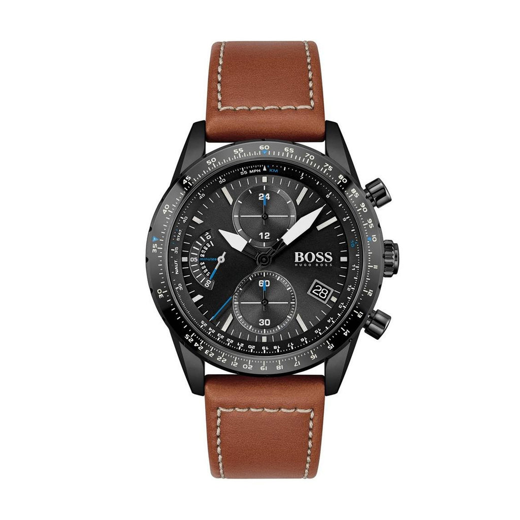 Hugo Boss 1513851 Pilot Black Dial Brown Leather Strap Men's Watch