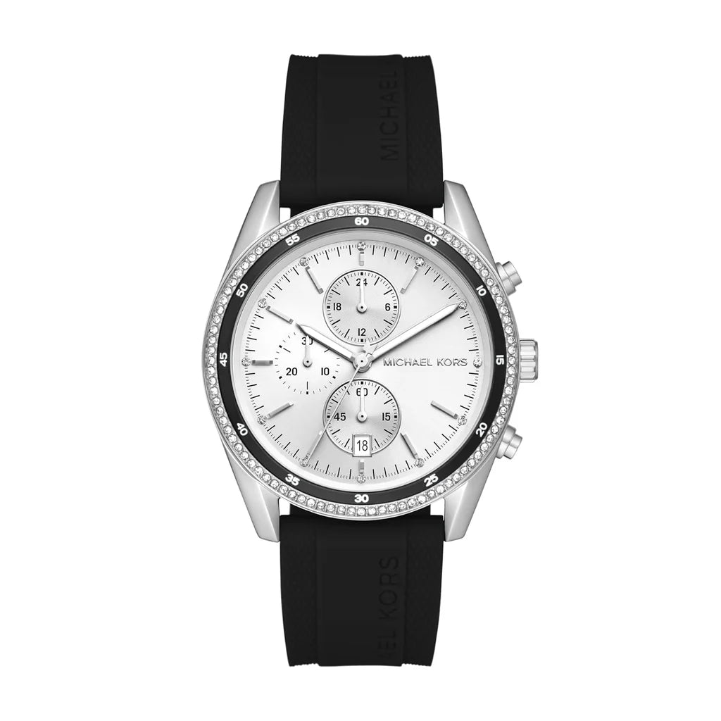 Michael Kors MK7486 Oversized Hadyn Pavé Silver Dial Black Strap Women’s Watch