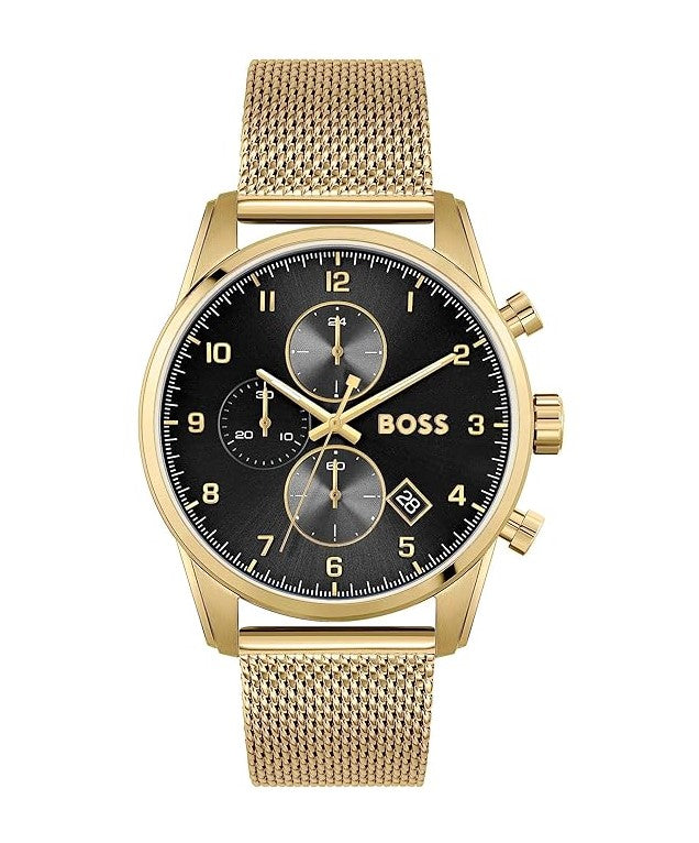 Hugo Boss 1513838 Skymaster Black Dial Gold Mesh Bracelet Men's Watch for