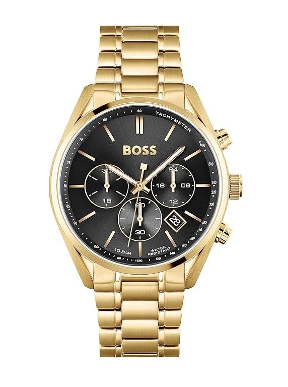 Hugo Boss 1513848 Champion Black Dial Gold Steel Strap Men's Watch