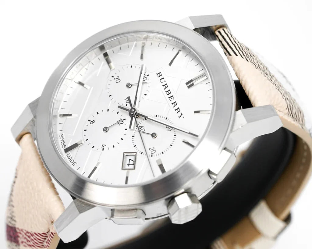 Burberry BU9360 The City Chronograph White Dial Leather Strap Men's Wa