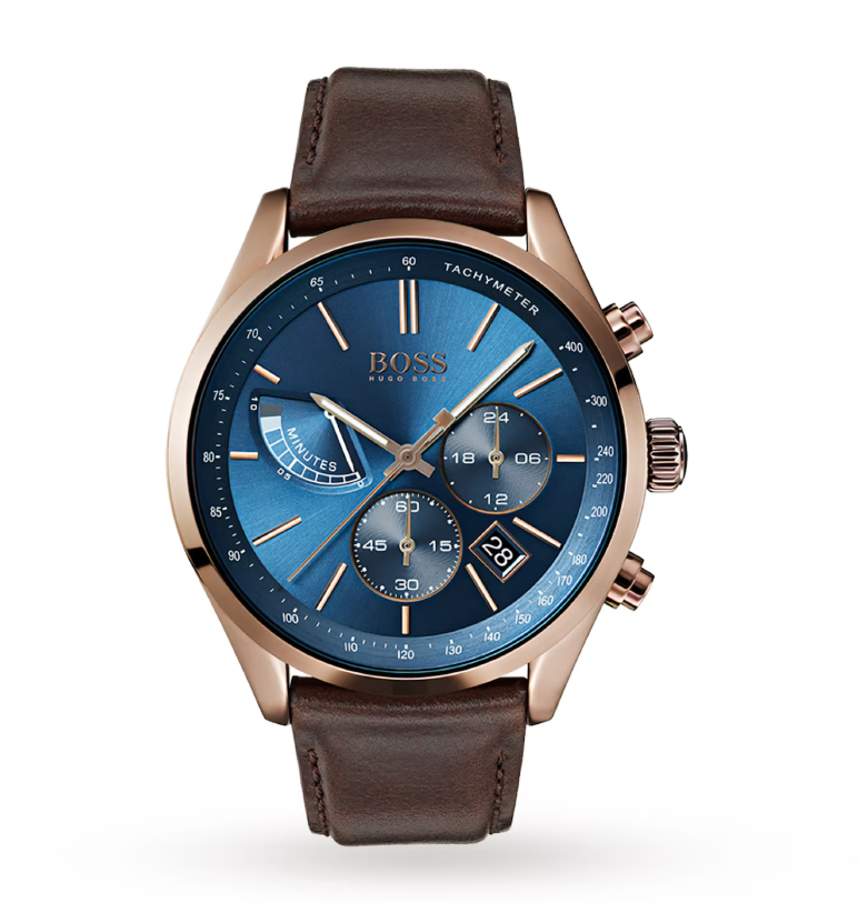 Hugo Boss 1513604 Grand Prix Blue Dial Brown Leather Strap Men's Watch