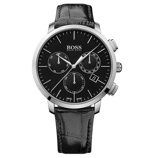 Hugo Boss 1513266 Chronograph Black Dial Black Leather Strap Men's Watch