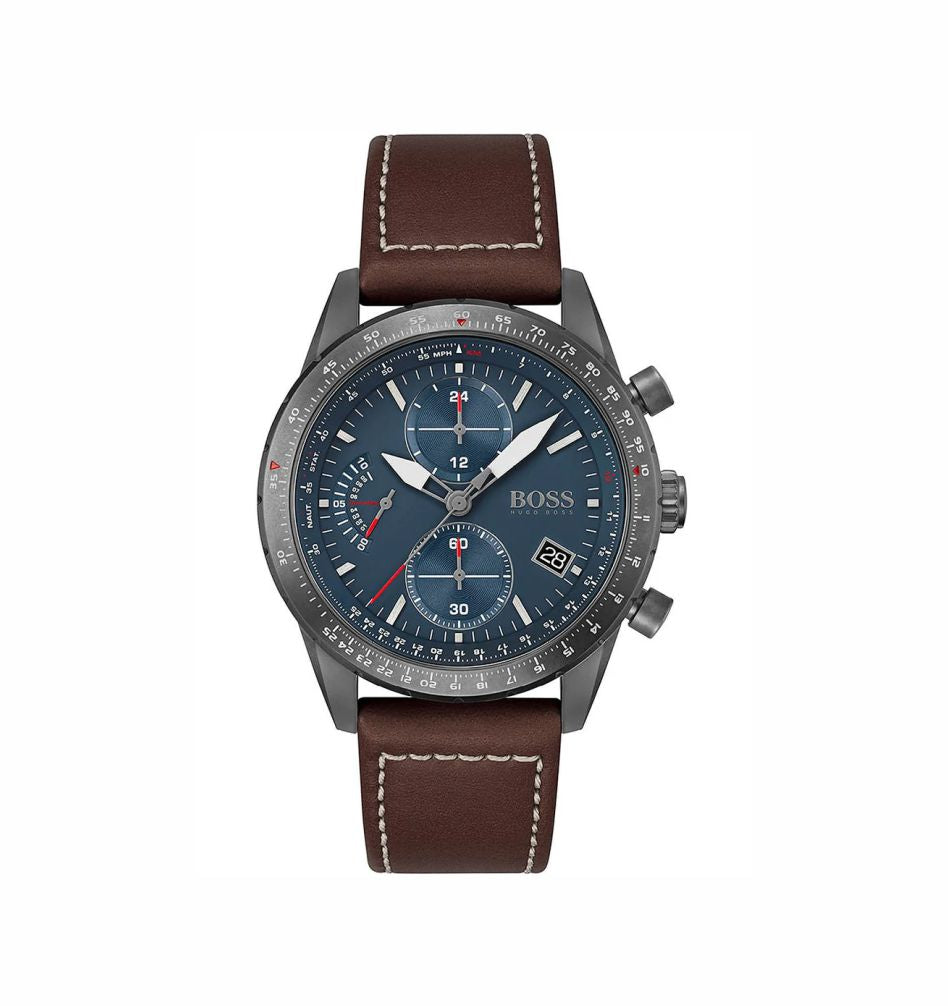 Hugo Boss 1513852 Pilot Edition Chronograph Blue Dial Brown Leather Strap Men's Watch
