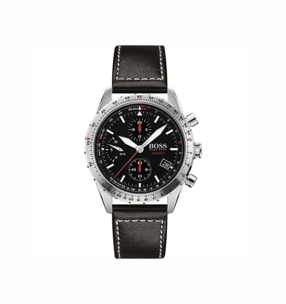 Hugo Boss 1513770 Aero Chronograph Black Dial Black Leather Strap Men's Watch
