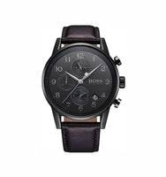 Hugo Boss 1513497 Navigator Chronograph Black Dial Black Leather Strap Men's Watch