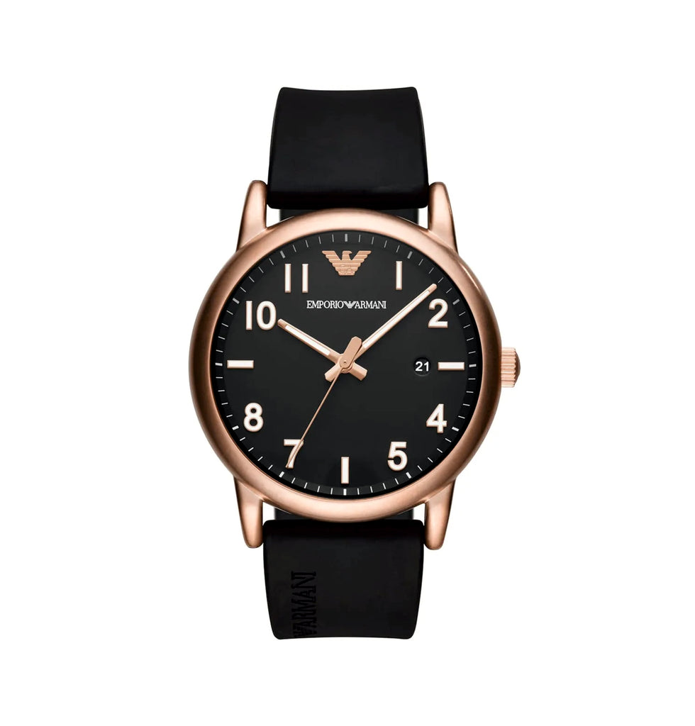 Emporio Armani AR11097 Black Dial Rose Gold & Black Rubber Strap Men’s Watch
