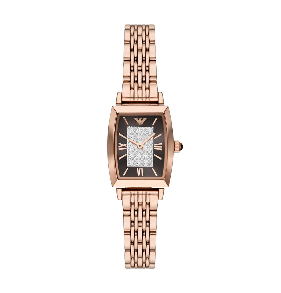 Emporio Armani AR11407 Brown Crystal-Pave Dial Rose Gold Stainless Steel Strap Women’s Watch