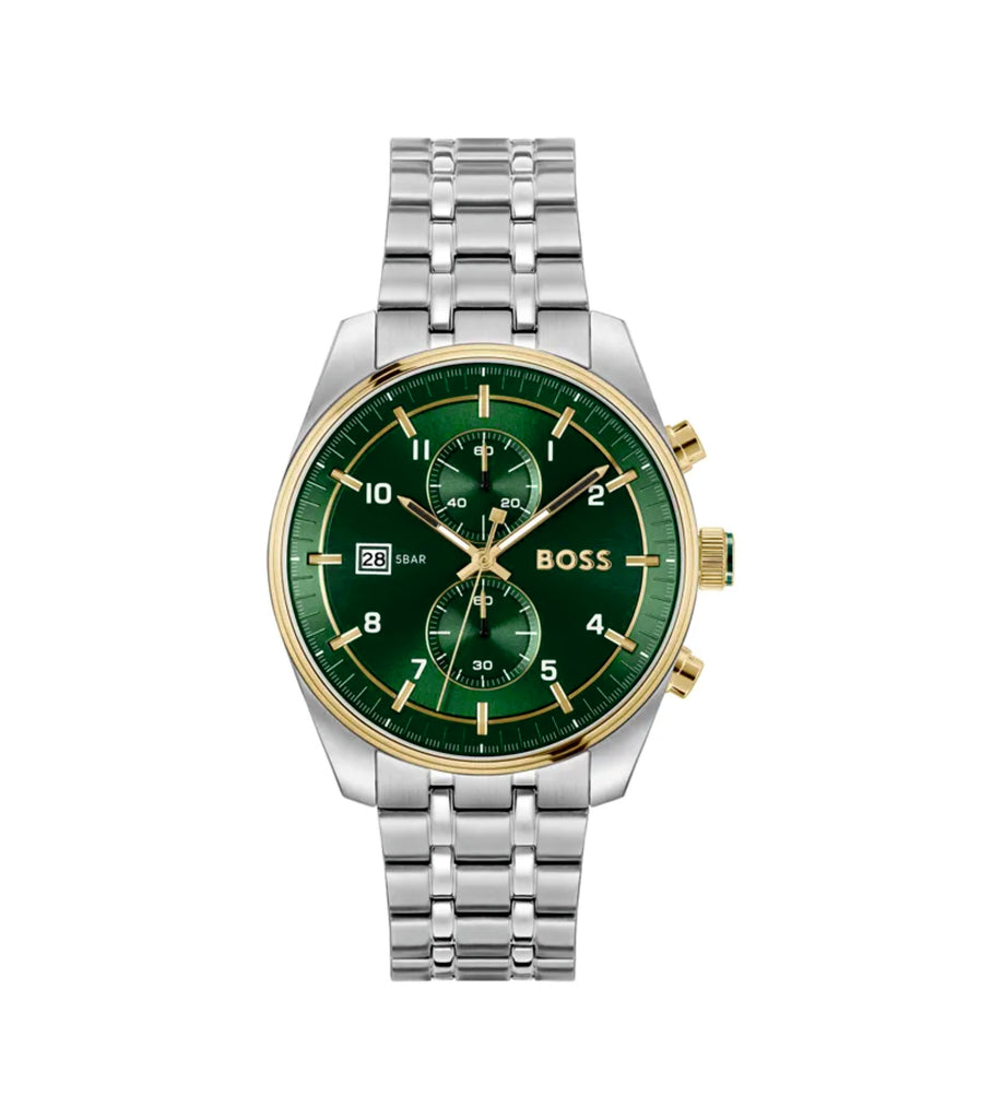 Hugo Boss 1514195 SkyTraveller Green Dial Two-Tone Stainless Steel Bracelet Men’s Watch