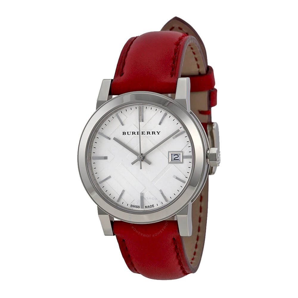 Burberry BU9129 White Silver Dial Red Leather Women's Watch