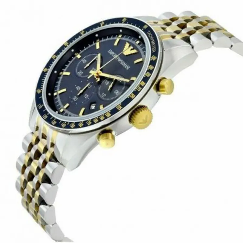 Emporio Armani AR8030 Tazio Chronograph Blue Dial Gold Silver Stainless Steel Strap Mens Watch