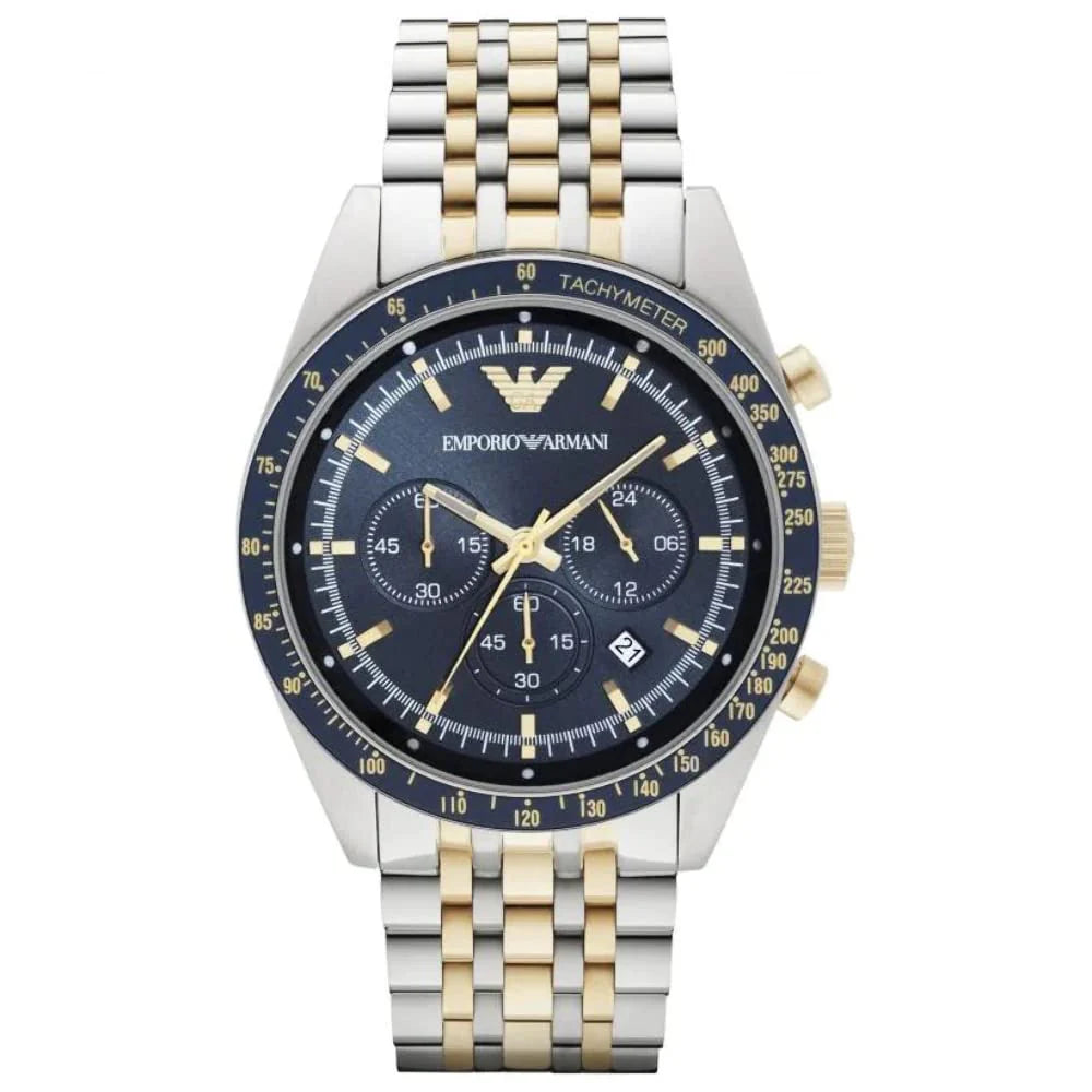 Emporio Armani AR8030 Tazio Chronograph Blue Dial Gold Silver Stainless Steel Strap Mens Watch