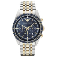 Emporio Armani AR8030 Tazio Chronograph Blue Dial Gold Silver Stainless Steel Strap Mens Watch