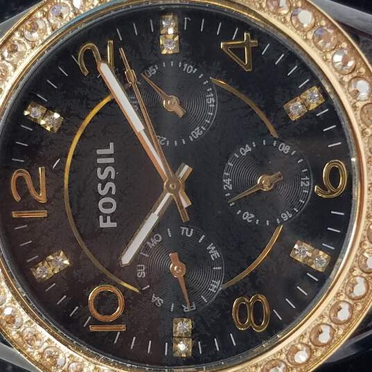 Fossil ES3696 Riley Black Crystal-Set Dial Black Leather Strap Women's Watch