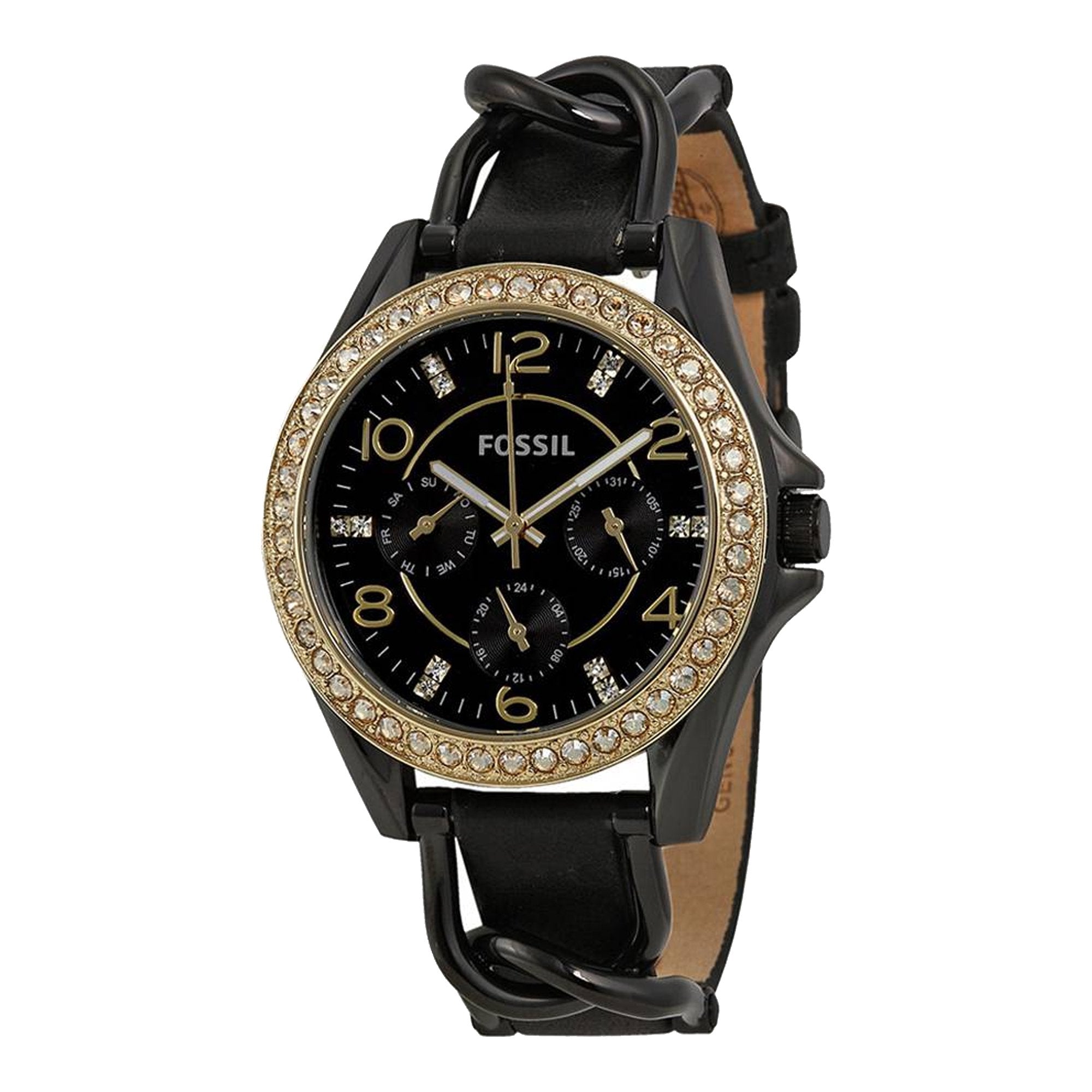 Fossil ES3696 Riley Black Crystal-Set Dial Black Leather Strap Women's Watch