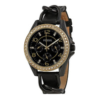 Fossil ES3696 Riley Black Crystal-Set Dial Black Leather Strap Women's Watch