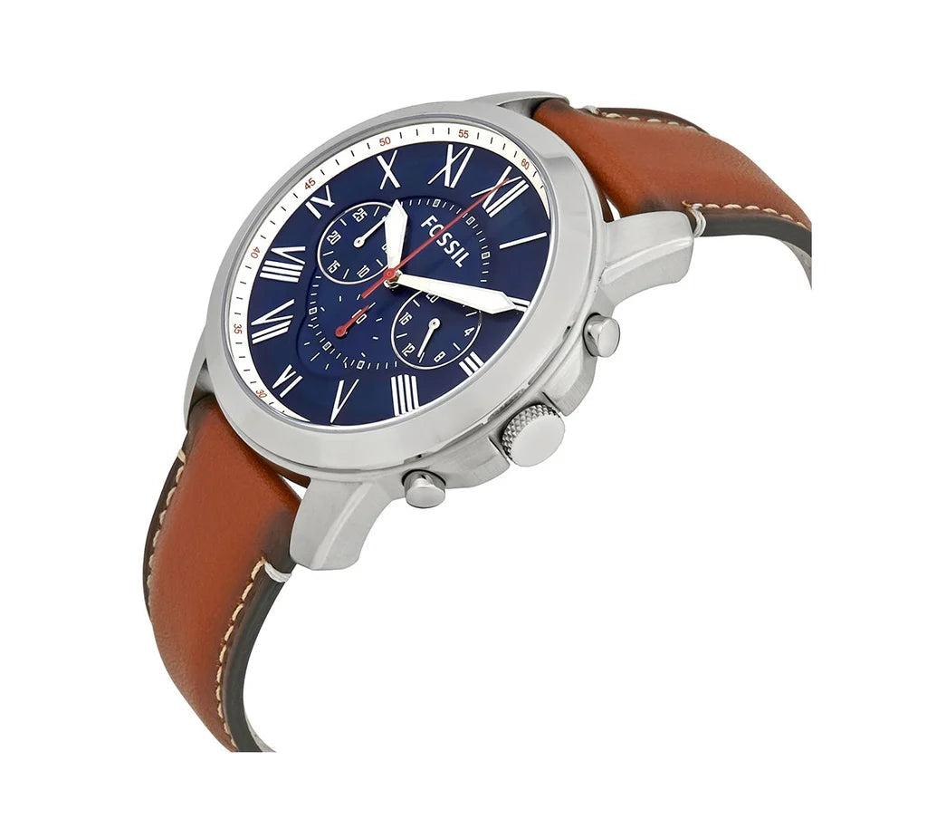 Fossil FS5210 Grant Chronograph Blue Roman Dial Brown Leather Strap Men's Watch