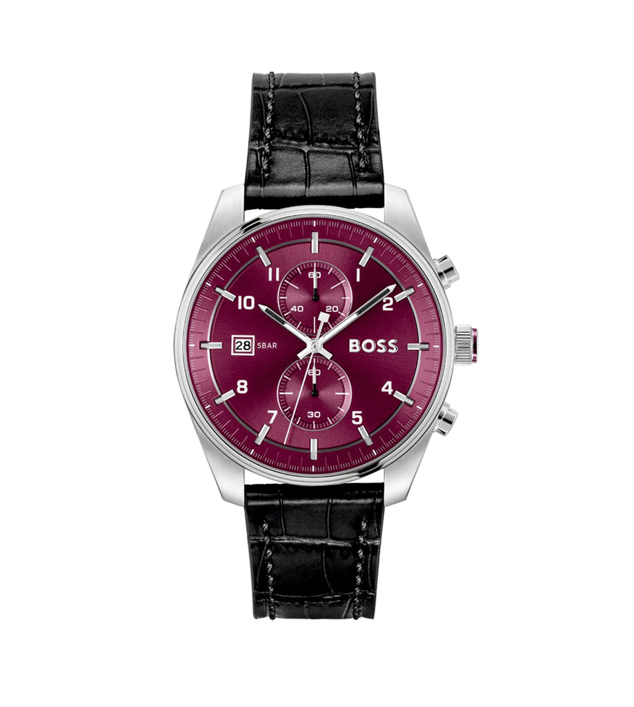 Hugo Boss 1514193 Skytraveller Red Dial Black Leather Strap Men's Watch