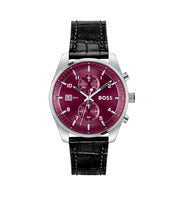 Hugo Boss 1514193 Skytraveller Red Dial Black Leather Strap Men's Watch