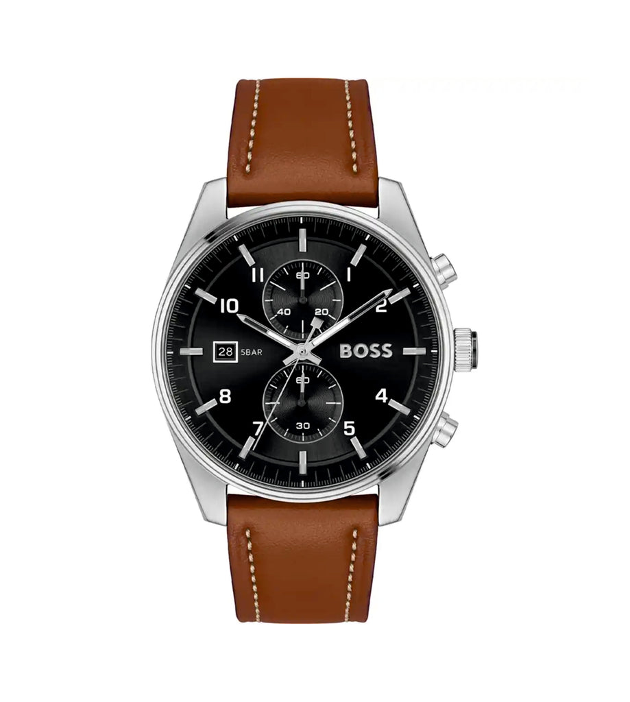 Hugo Boss 1514161 Skytraveller Black Dial Brown Leather Strap Men's Watch