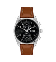 Hugo Boss 1514161 Skytraveller Black Dial Brown Leather Strap Men's Watch