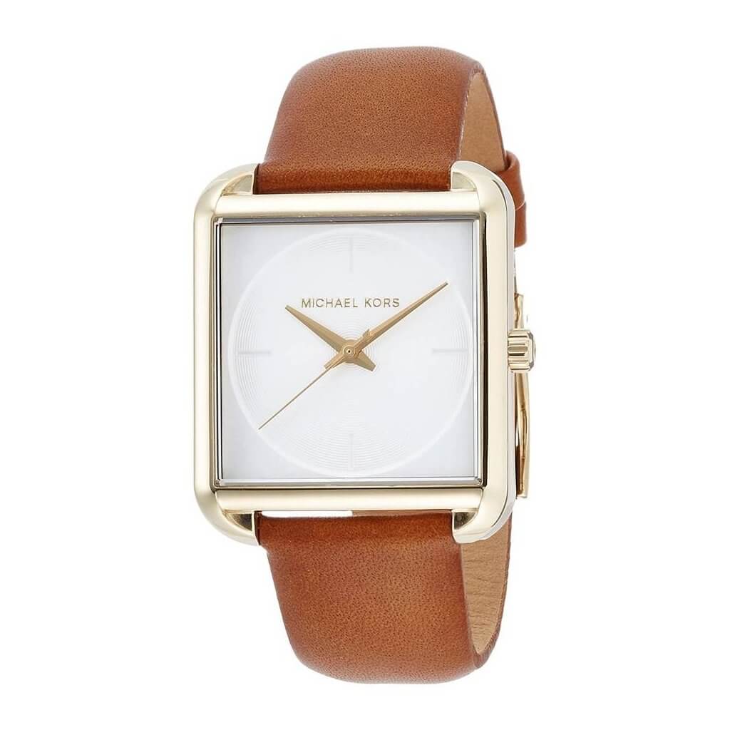 Tan Michael Kors Watch | Square Dial Michael Kors Petite Quartz White Dial White Leather Strap  main image 3