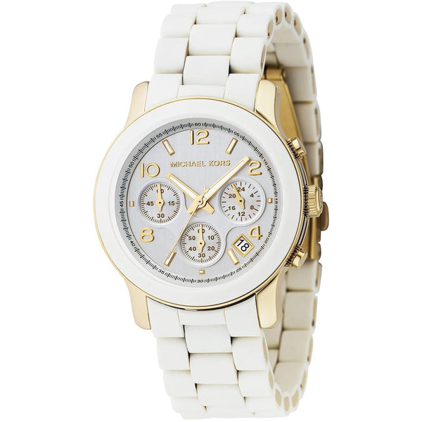 EUC Michael Kors MK5145 Women’s Runway Chronograph Watch white and gold Michael Kors Ladies Watch Runway Mid MK5145 | Watches Prime main image 2