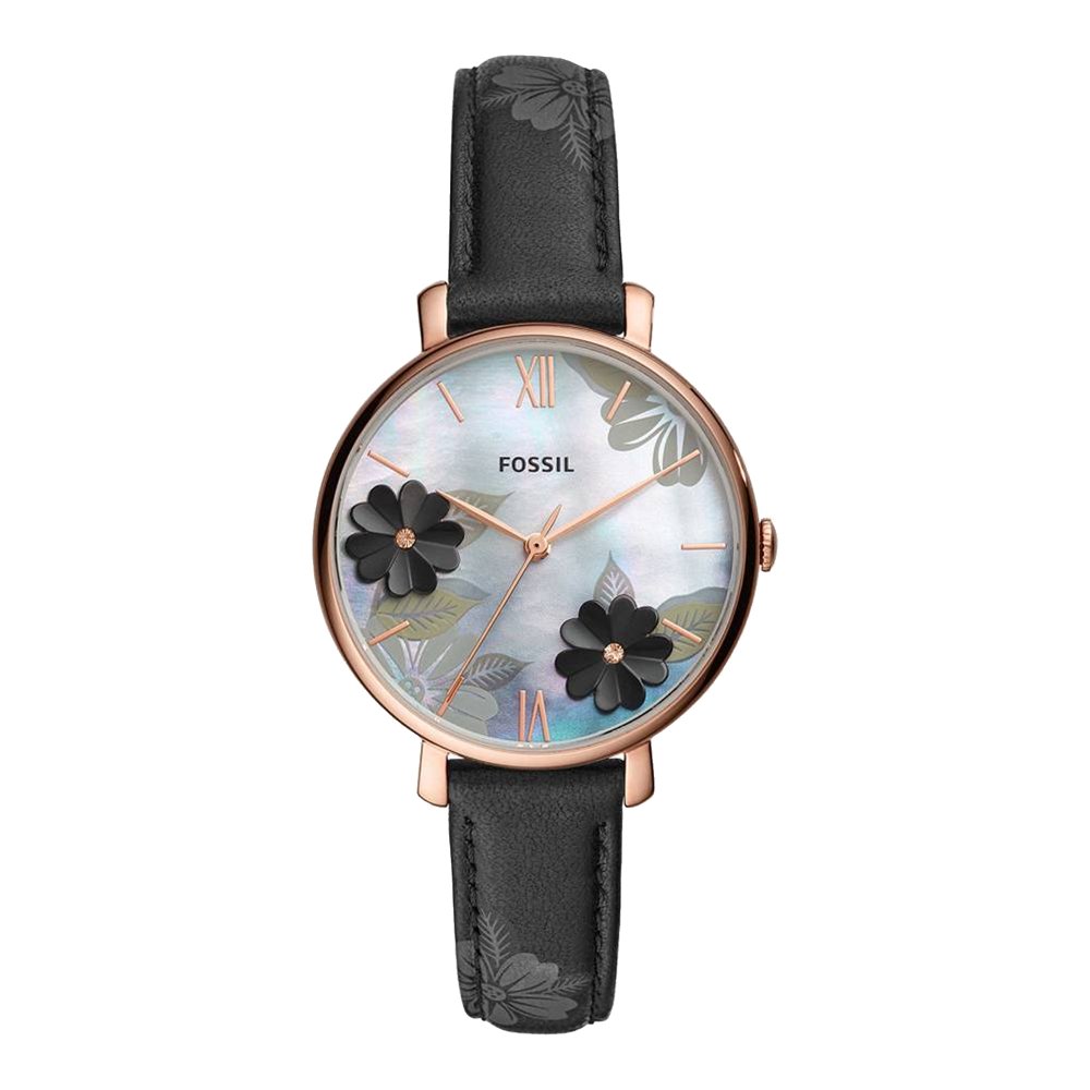 Fossil Women's Jacqueline Floral Dial Black Leather Watch (ES4535)