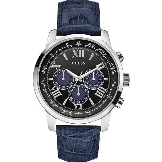 Guess Men's Sport Chronograph Blue Leather Strap Watch