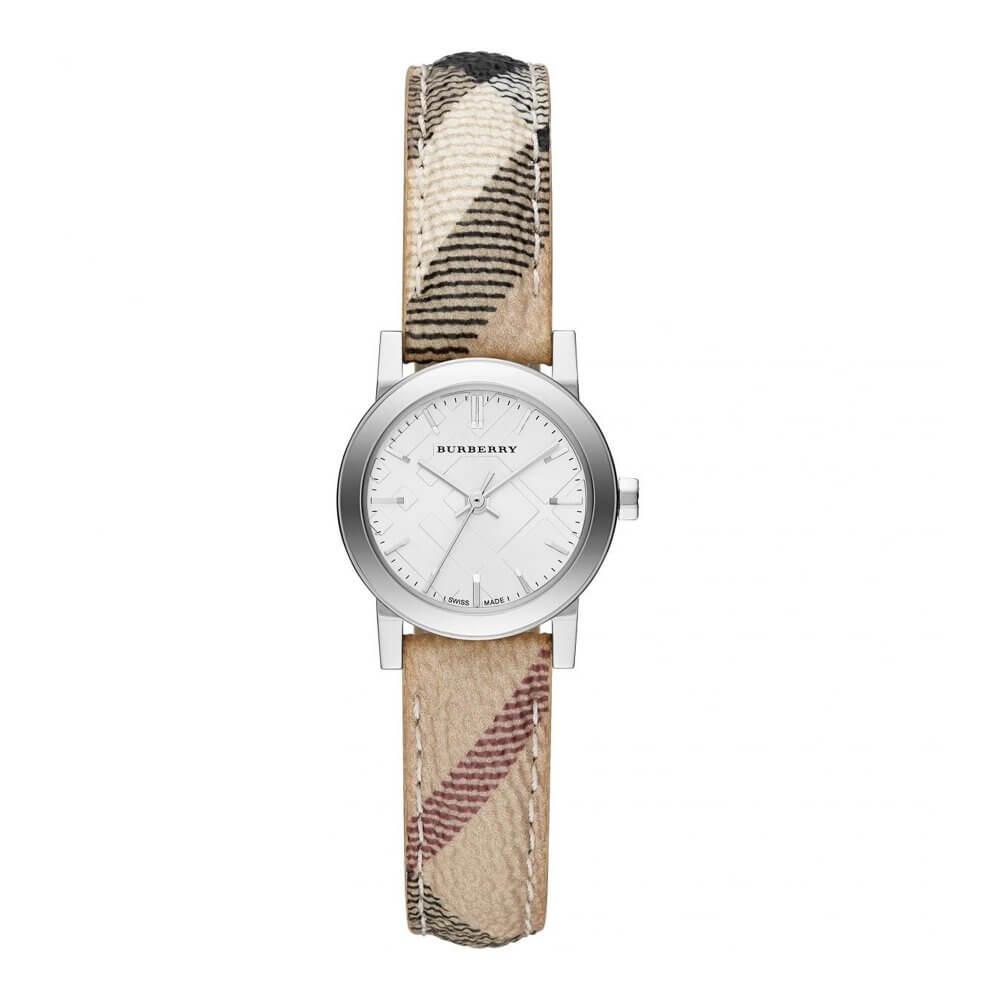 Silver Dial Check Fabric Strap Ladies Watch