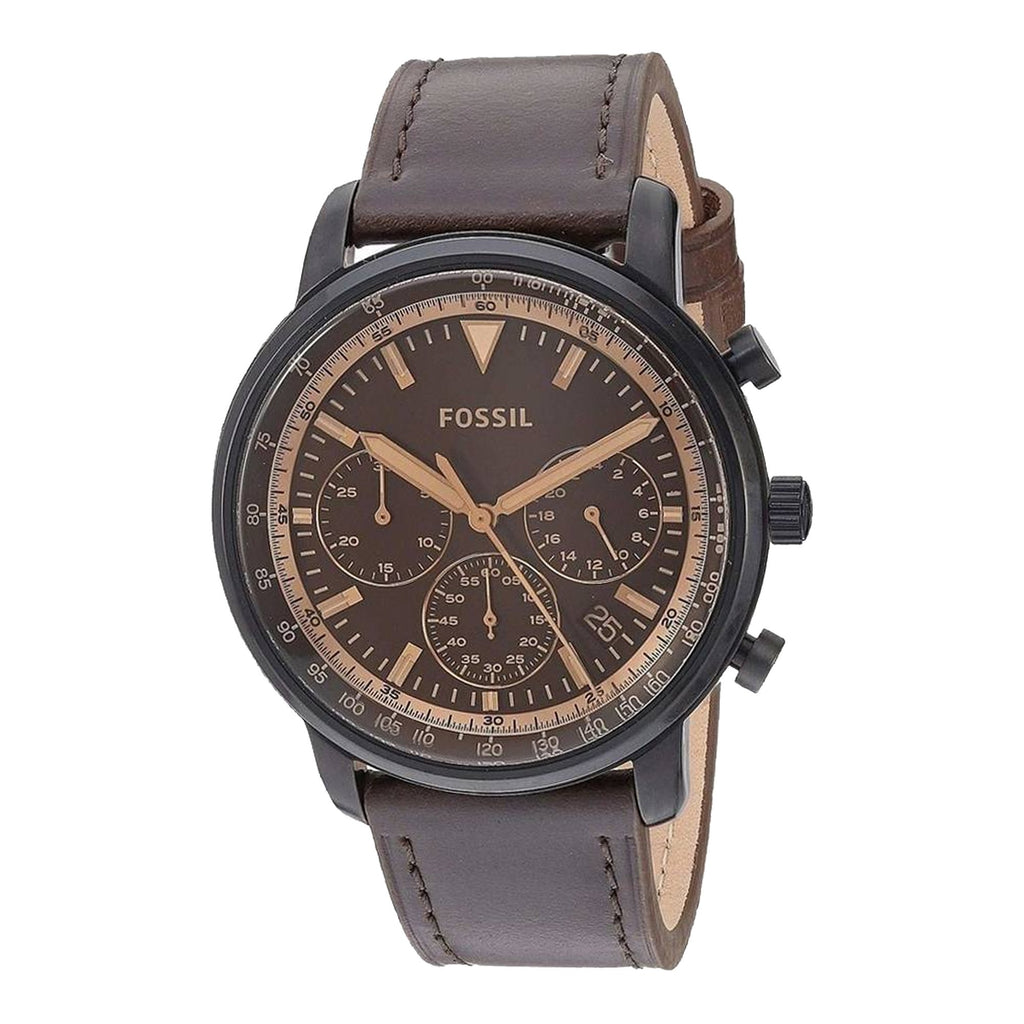 Fossil FS5529 Goodwin Analog Quartz Black Bezel Brown Leather 44mm Watch