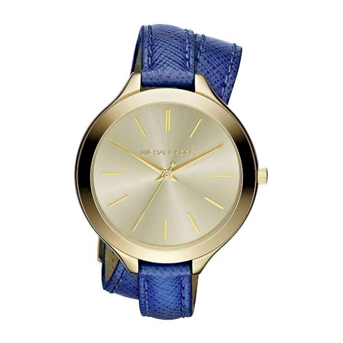 Slim Runway Champagne Dial Blue Leather Double Wrap Ladies Watch