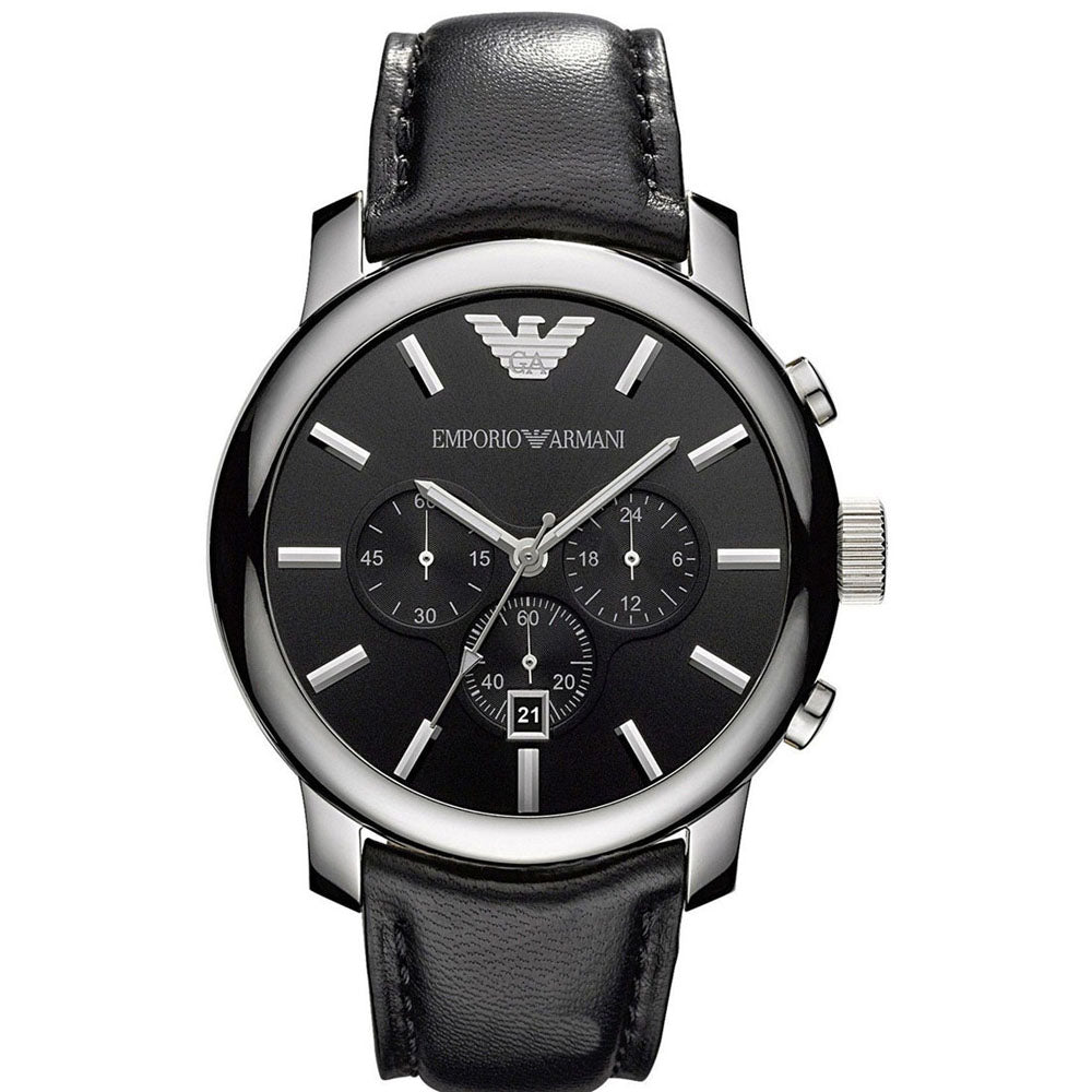 Emporio AR0431 Armani Gents Stainless Steel Chronograph Watch with Black Leather Strap