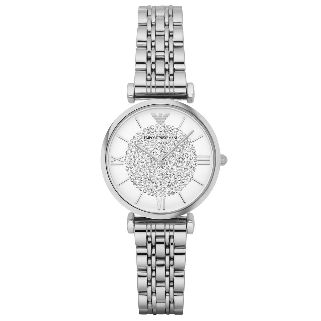 Emporio Armani White Crystal Pave Dial Silver Ladies Watch AR1925