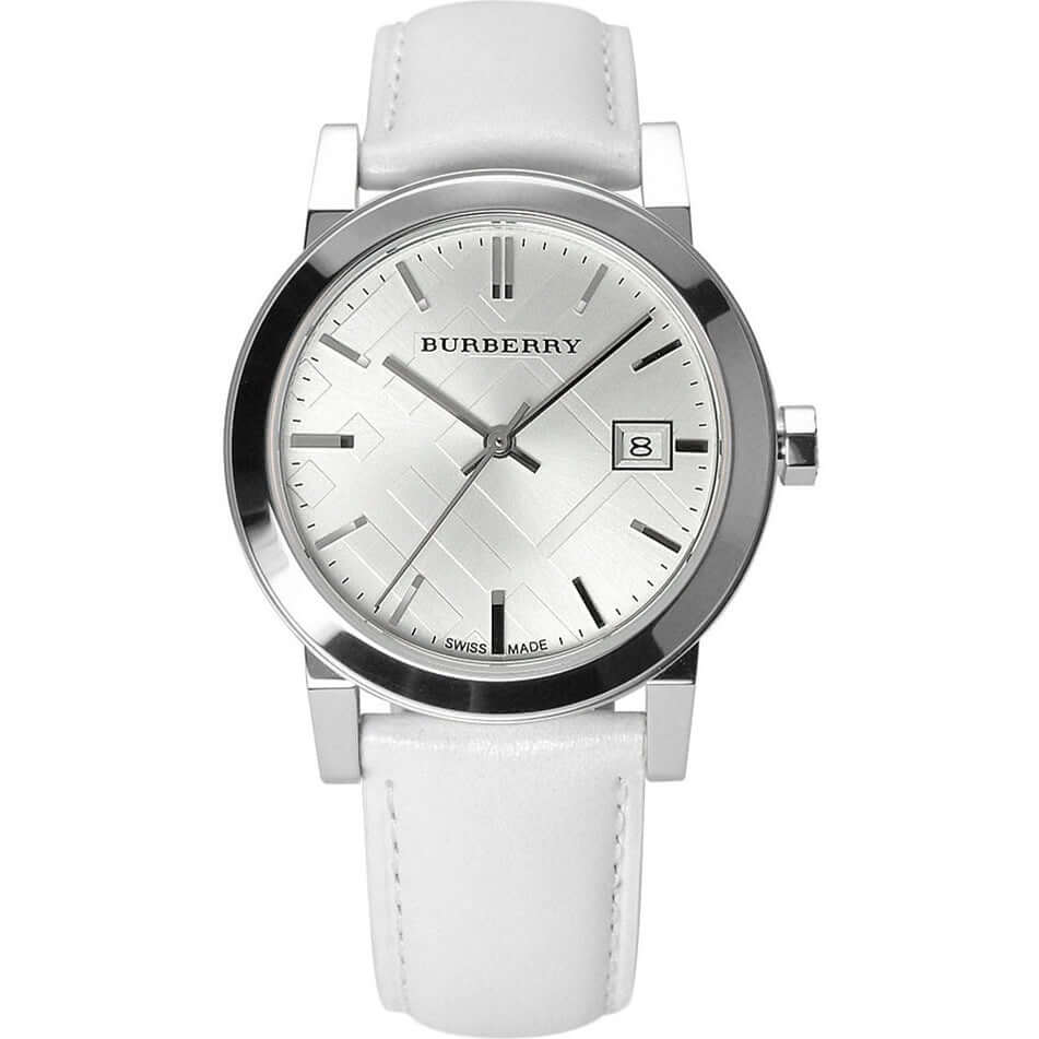 White Impressed Check Dial White Leather Strap Ladies Watch