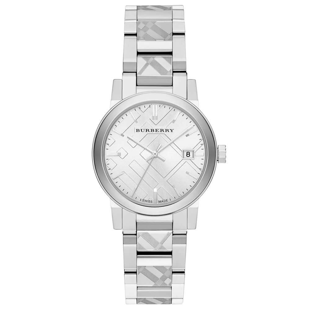 Burberry Silver Check Stamped Dial Stainlkess Steel Ladies Watch BU9144