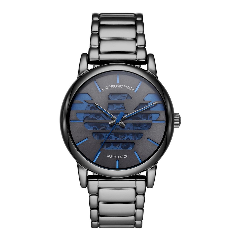 Emporio Armani Men's Three-Hand Gunmetal Stainless Steel Watch (Model: AR60029)Unique ingenuity, fashion and leisure, brand logo, eagle-shaped hollow design, deep blue movement, gorgeous hollow with modern art Exquisite crown logo eagle hollow dial, fixed