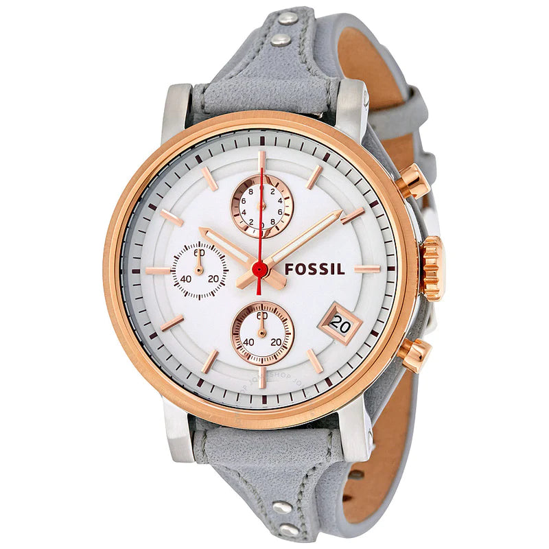 Band material: Leather Band colour: Grey Band width: 18 mm Case size: 38 mm Case thickness: 14 mm Case material: Rose Gold Tone Stainless Steel Clasp: Tang Dial colour: White Water resistance: 50 meters / 165 feet Movement: Quartz