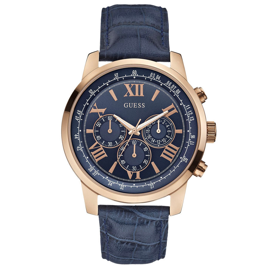 GUESS Men's W0380G5 Blue Dial, Rose Gold-Tone Case, Leather Strap, Iconic Blue Chronograph Watch