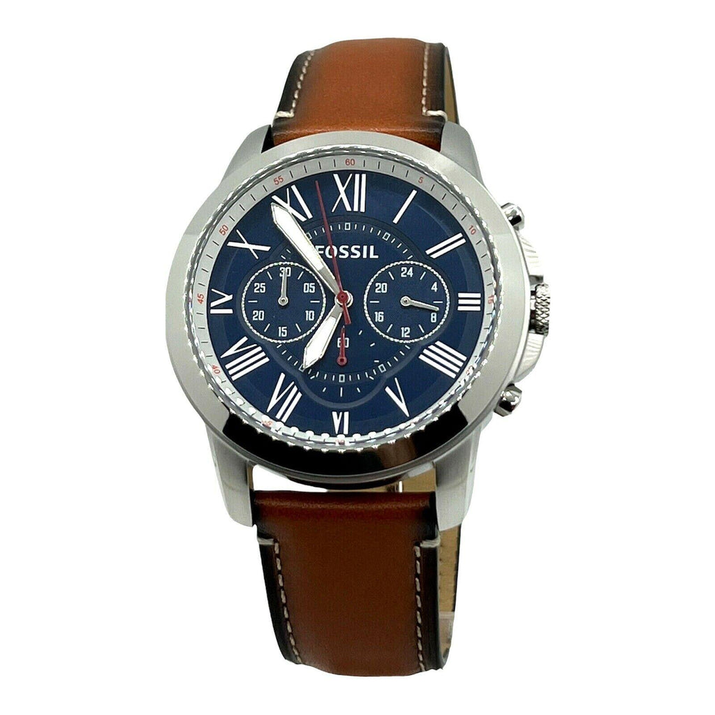Fossil Mens Grant Chronograph Blue Roman Dial Brown Leather Strap Watch FS5210