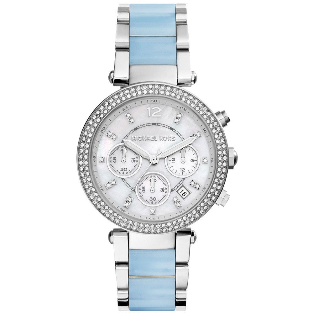 Michael Kors Parker Mother of Pearl Dial Stainless Steel and Chambray Acetate Ladies Watch MK6138