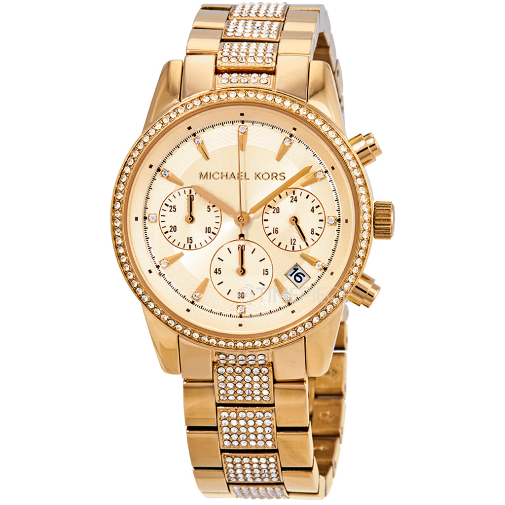 Michael Kors Ritz Pave Chronograph Crystal Gold Dial Ladies Watch MK6484